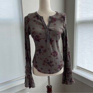 Free People Floral Ribbed Top in Gray and Purple